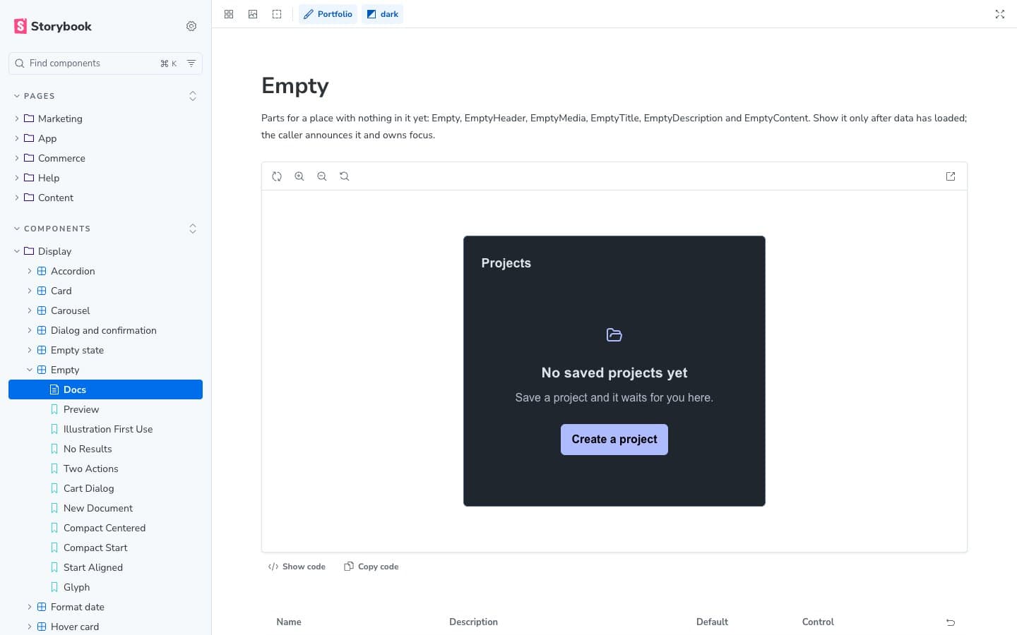 The public Breakthrough UI catalog, its sidebar of page and component groups open at Empty