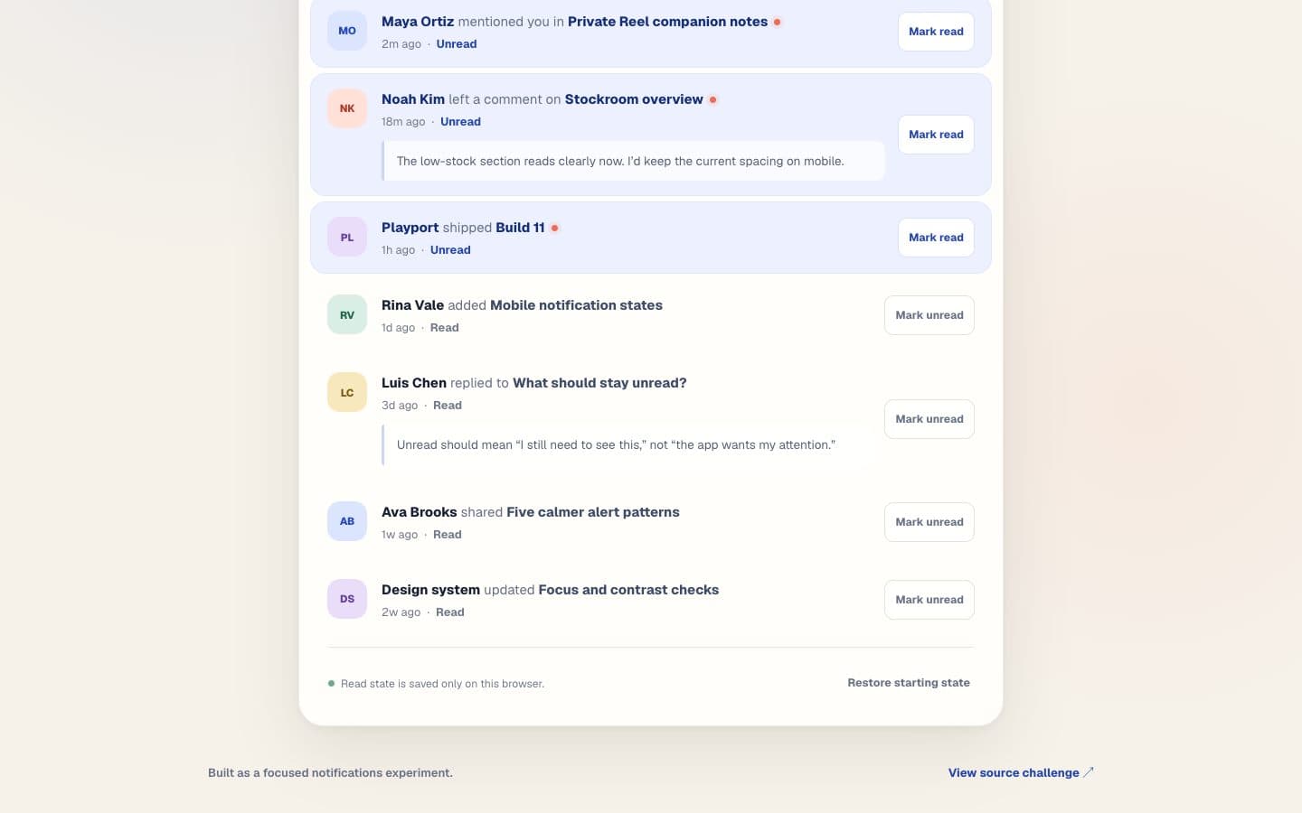 Rest of the Pings list, showing the named controls and the reset: three unread rows with Mark read buttons, four read rows with Mark unread buttons, and a footer saying read state is saved only on this browser beside a Restore starting state button