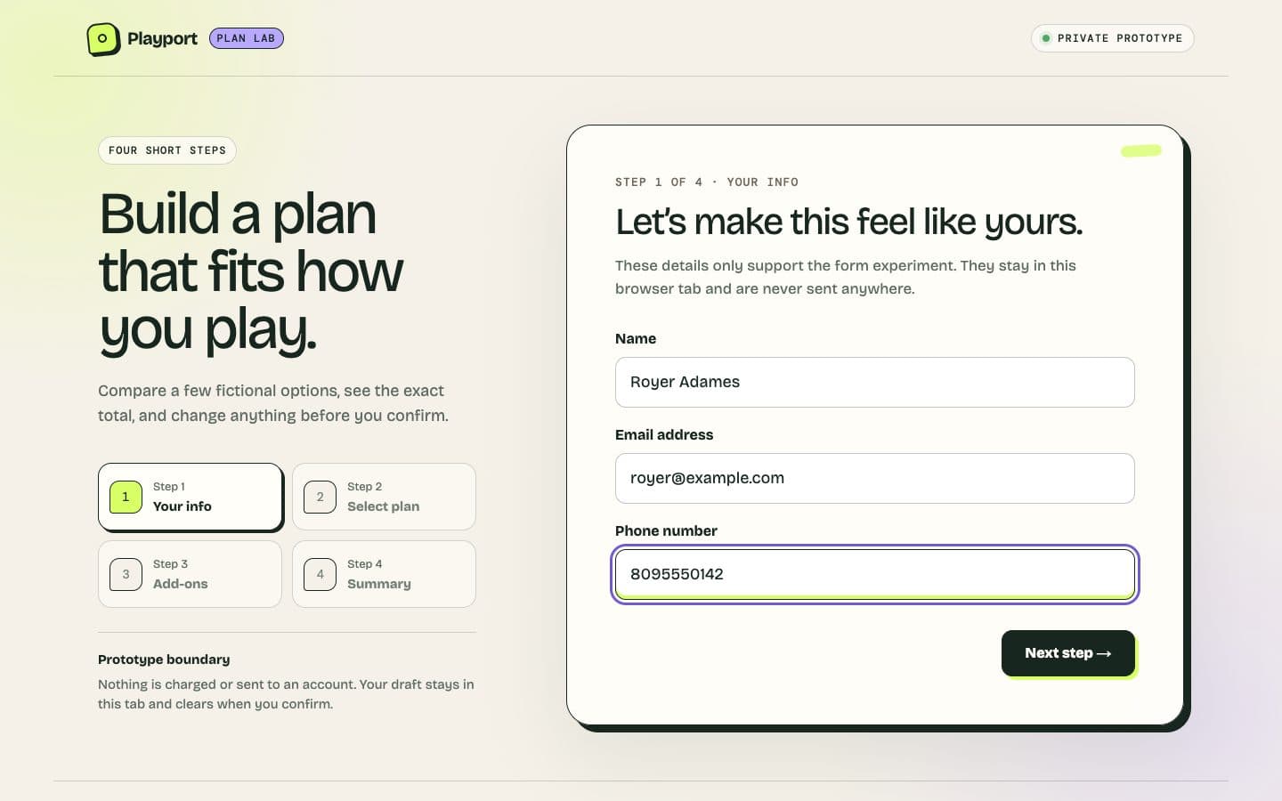 Plan Lab step 1 of 4, where the plan starts: name, email and phone fields filled with sample entries and a Next step button, beside a four-step tracker with Your info active and a prototype note that nothing is charged