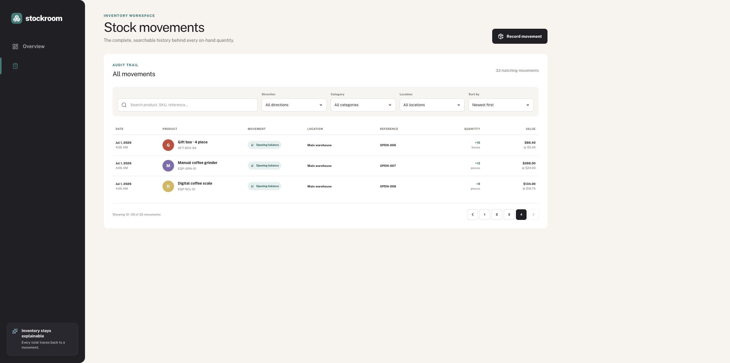 Stockroom ledger pagination with the selected page number visible, captured on the fix build